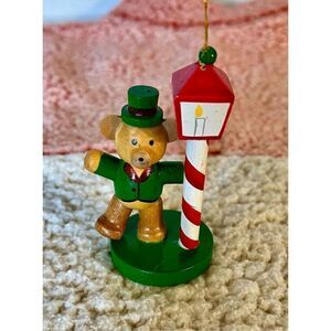 Vintage Kurt Adler Ornament Wooden, Painted Bear and Candy Striped Light